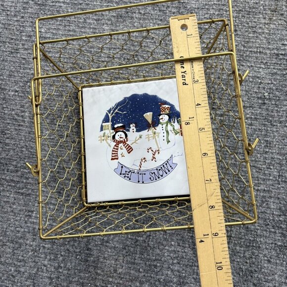 Christmas Basket Gold Wire Square With Center Tile Snowmen Let It Snow Holiday‎ - Picture 6 of 10